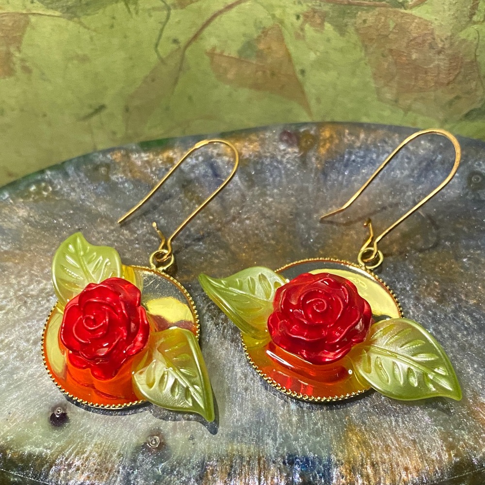 Gold Floral Earrings with Red Rose & Green Leaves